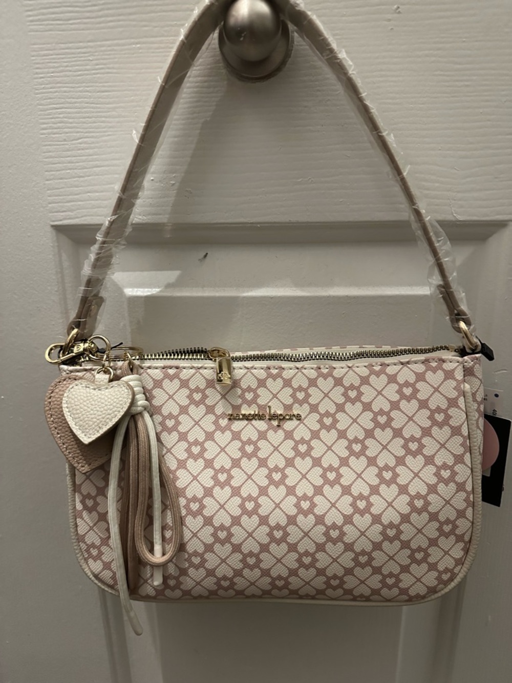 Nanette Lepore Pink and White Patterned Shoulder Bag with Heart Charm